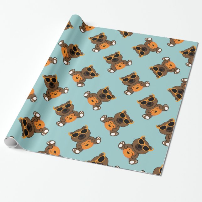 Cool cute Halloween bear sunglasses and pumpkin Wrapping Paper (Unrolled)