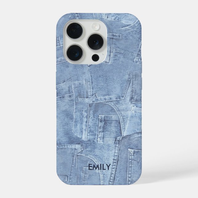 Cool Cute Light Blue Jean Effect Custom Name iPhone Case (Back)