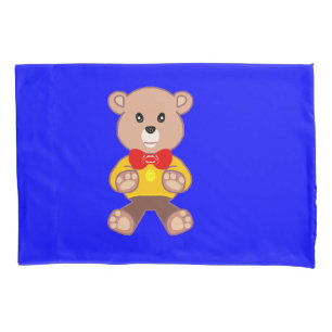 Cool Cute Little Bowtie Teddy Bear on Blue Pillowcase
