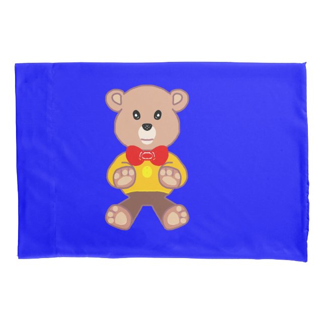 Cool Cute Little Bowtie Teddy Bear on Blue  Pillowcase (Front)