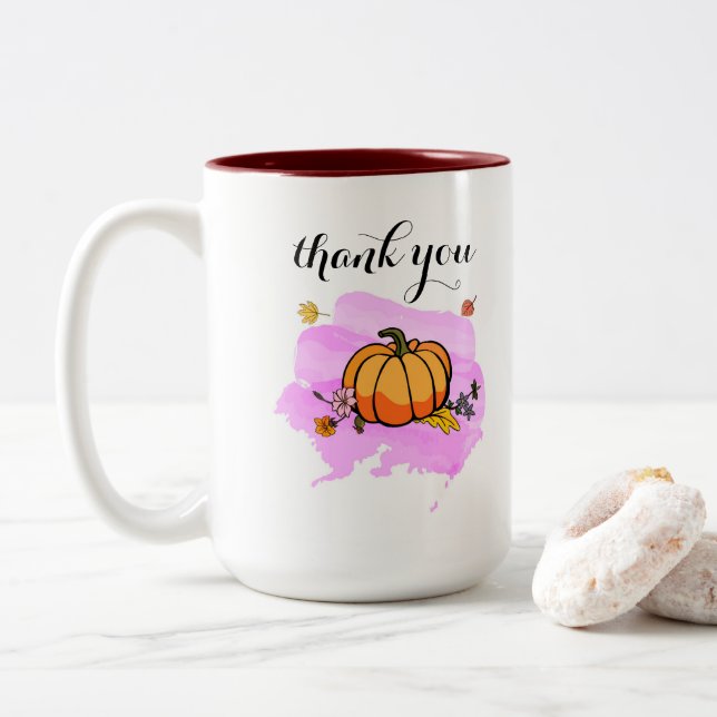 cool cute modern yellow pumpkin lovers word art Two-Tone coffee mug (With Donut)