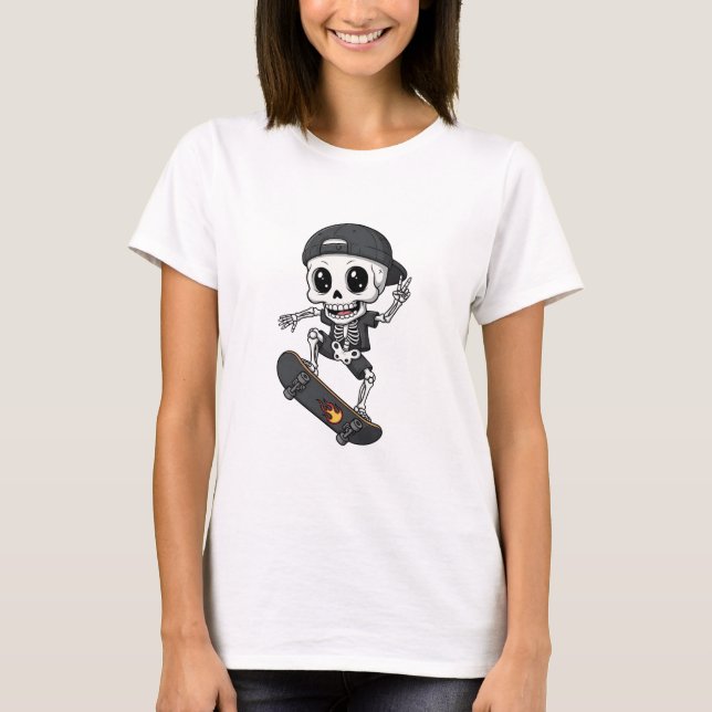 Cool Cute Skeleton Skater Riding Skateboard T-Shirt (Front)