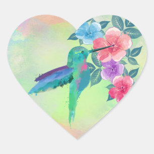 Cool cute trendy watercolours hummingbird floral heart sticker