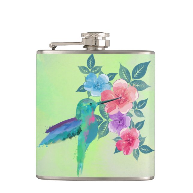 Cool cute vibrant watercolours hummingbird floral hip flask (Front)