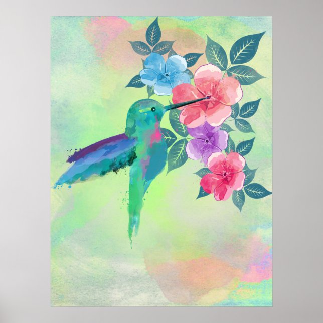 Cool cute vibrant watercolours hummingbird floral poster (Front)