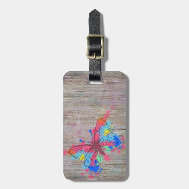 Cool cute watercolours splatters vintage butterfly luggage tag (Front Vertical)
