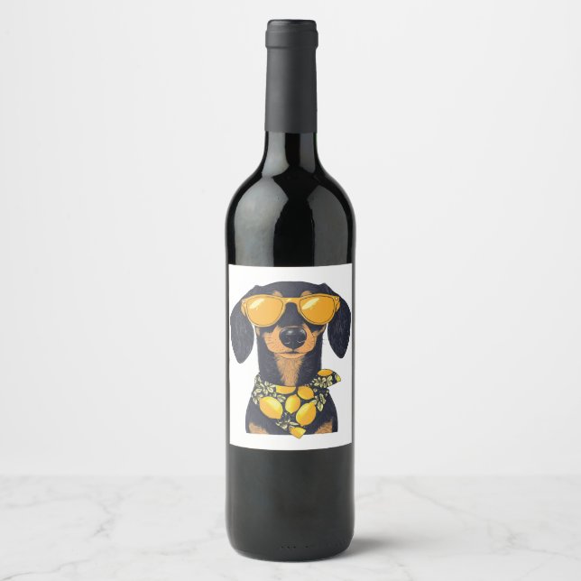 Cool Dachshund Dog Sunglasses Lemons Wine Label (Front)