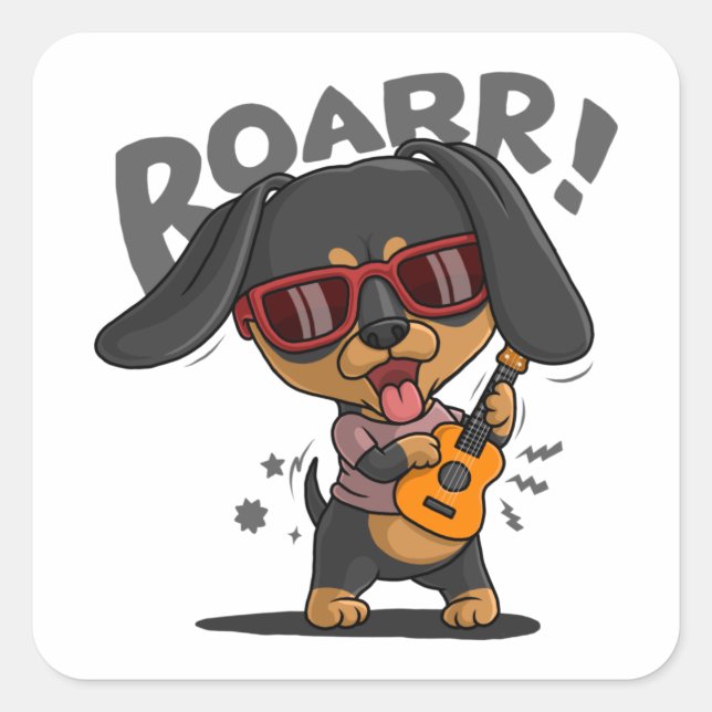 Cool dachshund playing guitar square sticker (Front)