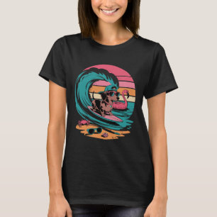 Cool Dachshund Surfing Wave With Flamingo And Suns T-Shirt