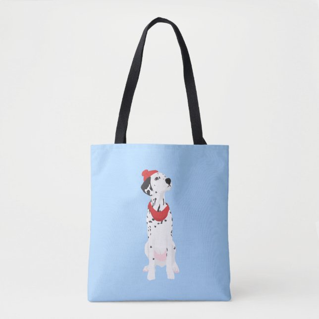 Cool Dalmatian with Red Winter Hat and Shawl Tote Bag (Front)