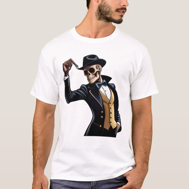 Cool Dancing Skeleton with a Black hat White T-Shirt (Front)