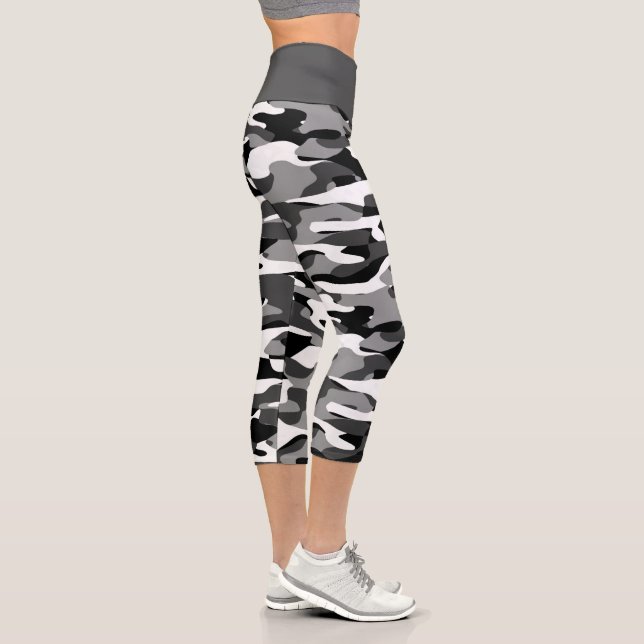 Cool Dark Grey Black And White Camouflage Pattern Capri Leggings (Right)