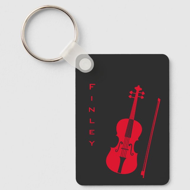 Cool Dark Grey & Red Violin Modern Personalised Key Ring (Front)