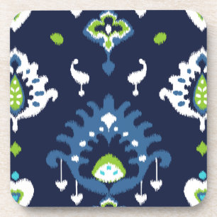 Cool dark navy blue and green tribal ikat print coaster