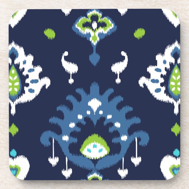 Cool dark navy blue and green tribal ikat print coaster (Front)