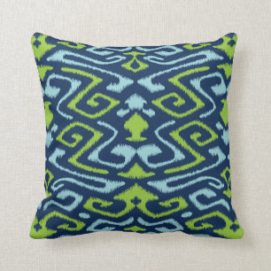 Cool dark navy blue and green tribal ikat print cushion