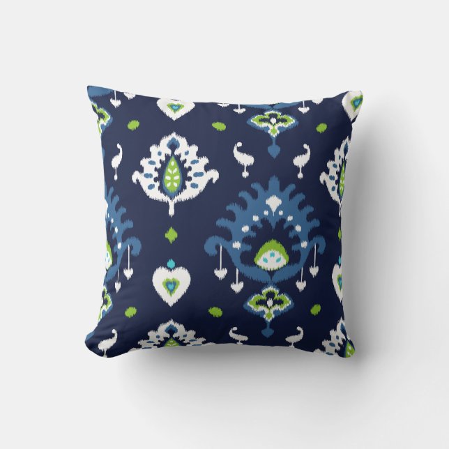 Cool dark navy blue and green tribal ikat print cushion (Front)