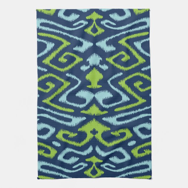 Cool dark navy blue and green tribal ikat print tea towel (Vertical)