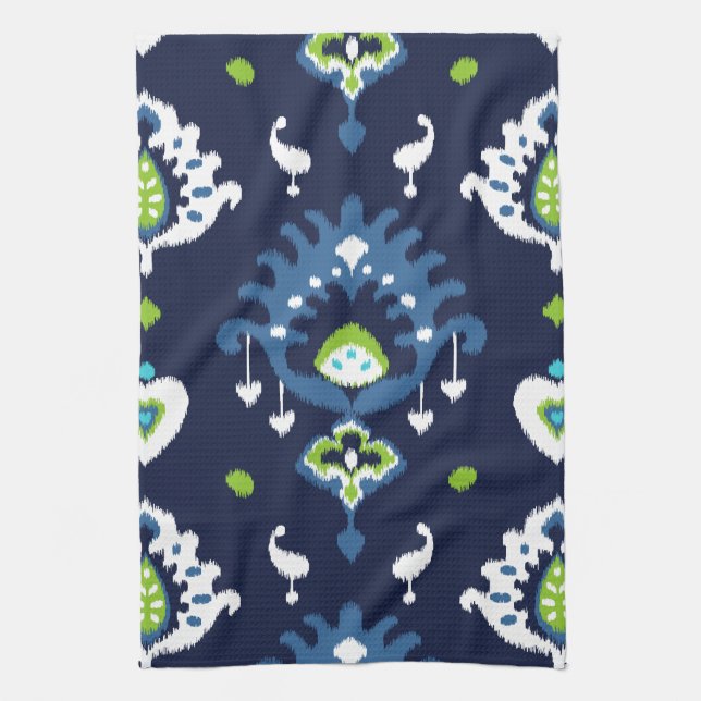 Cool dark navy blue and green tribal ikat print tea towel (Vertical)