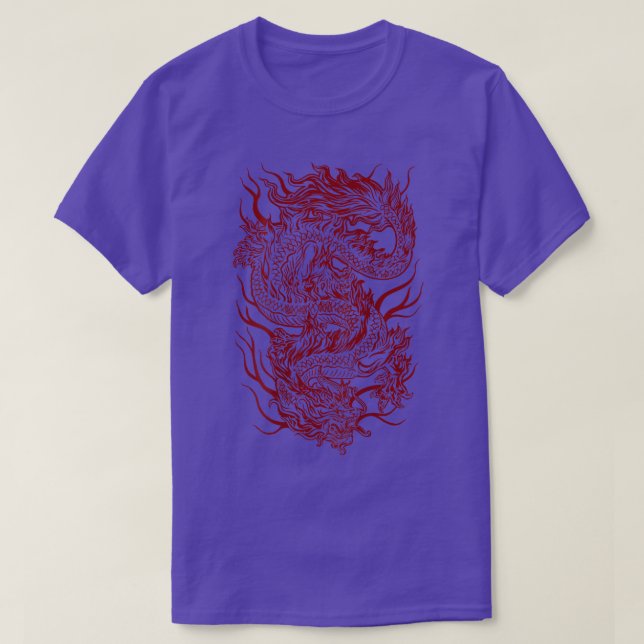 Cool Dark Red Japanese Dragon Backside  T-Shirt (Design Front)