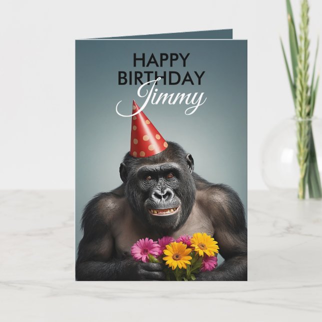Cool Dark Teal Smiling Gorilla Birthday Card (Front)