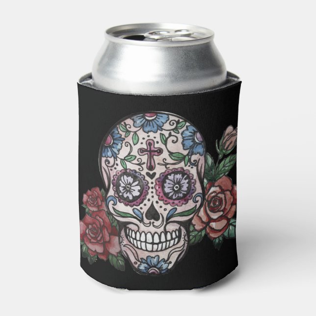 Cool Day of the Dead sugar skull with roses… Can Cooler (Can Front)