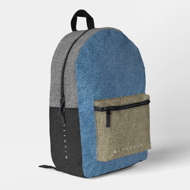 Cool Denim Colour Block Black Grey Blue Gold Jeans Printed Backpack (Back Corner Left)