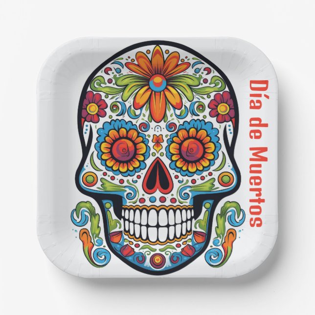 Cool Dia de Muertos doodle style Calavera skull Paper Plate (Front)