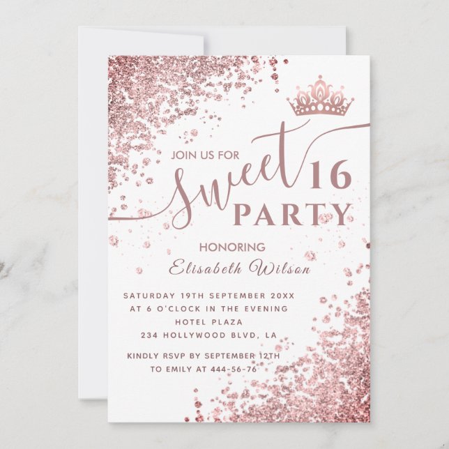 Cool diamond glitter rose gold tiara sweet 16  inv invitation (Front)