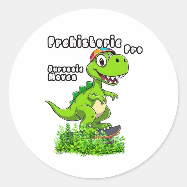 Cool Dino on a Skateboard Classic Round Sticker (Front)