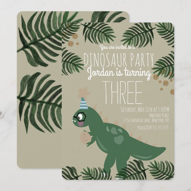 Cool Dinosaur Birthday Party Glitter Confetti Invitation (Front/Back)