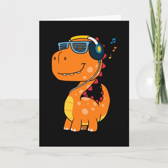 Cool dinosaur listening music card (Front)