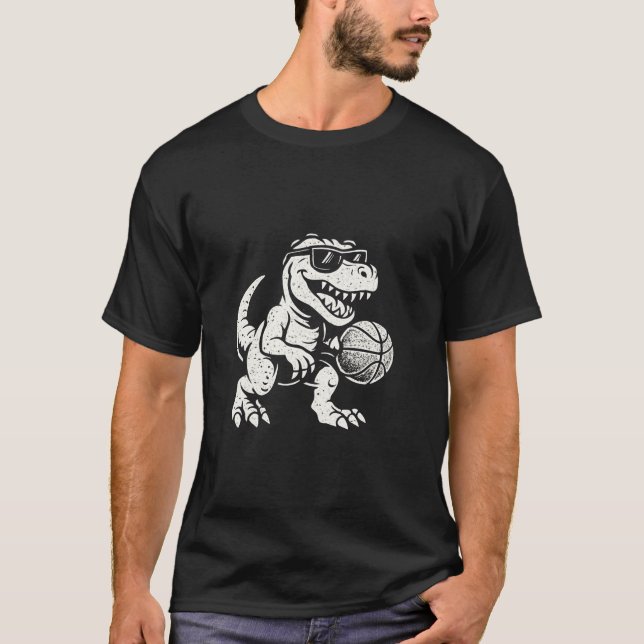 Cool Dinosaur Playing Basketball T-Shirt (Front)