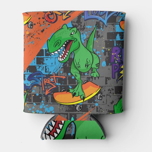 Cool Dinosaur Skateboard Seamless Pattern Can Cooler (Front)