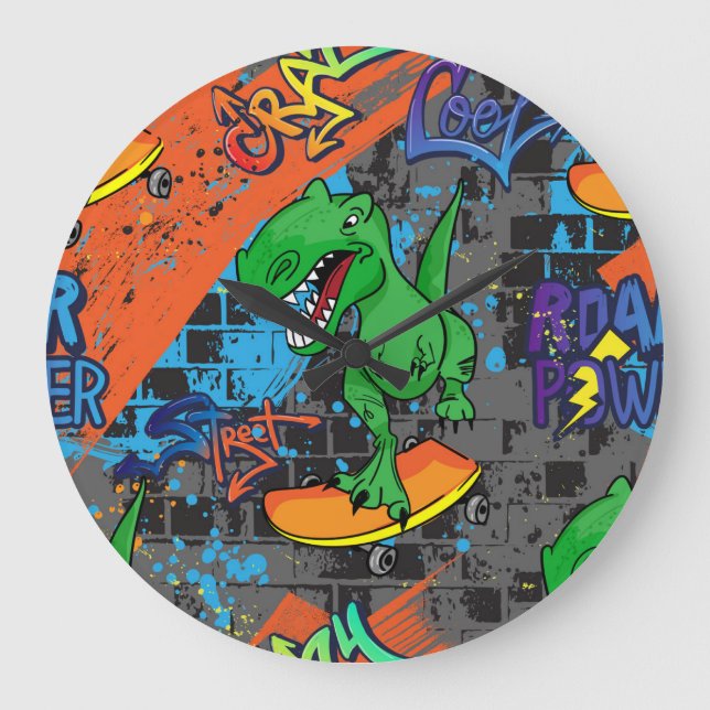Cool Dinosaur Skateboard Seamless Pattern Large Clock (Front)