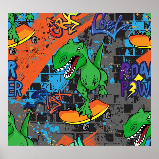 Cool Dinosaur Skateboard Seamless Pattern Poster (Front)