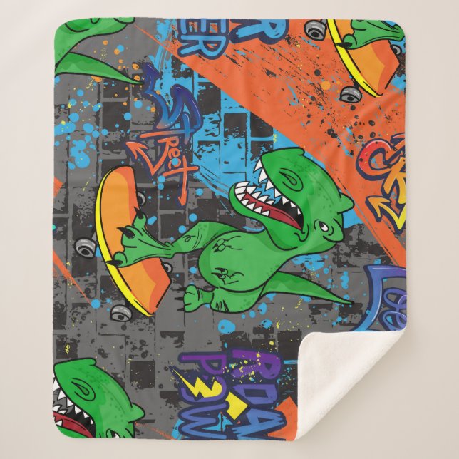 Cool Dinosaur Skateboard Seamless Pattern Sherpa Blanket (Front)