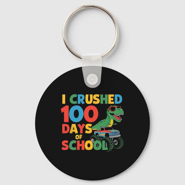 Cool Dinosaur T-rex Monster Truck Crushed 100 Days Key Ring (Front)