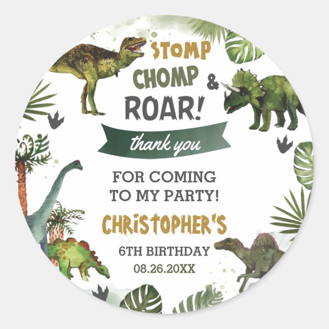 Cool Dinosaurs Jurassic Boy Birthday Party Favour  Classic Round Sticker (Front)