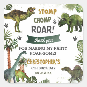 Cool Dinosaurs Jurassic Boy Birthday Party Favour  Square Sticker
