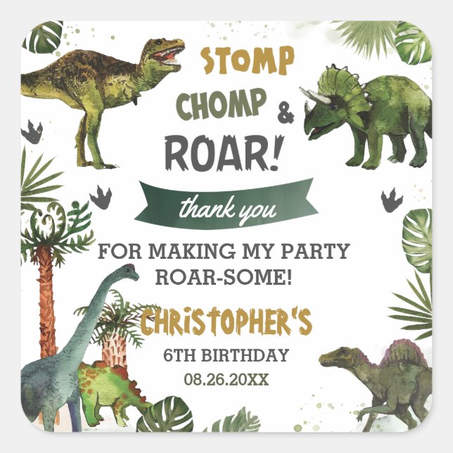 Cool Dinosaurs Jurassic Boy Birthday Party Favour  Square Sticker (Front)