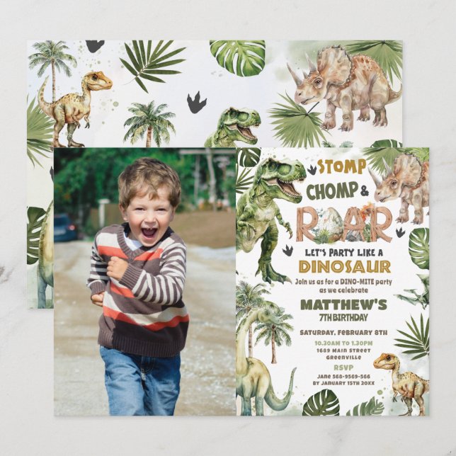 Cool Dinosaurs Jurassic Greenery Birthday Photo Invitation (Front/Back)