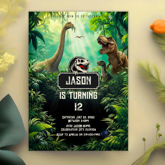 Cool Dinosaurs World Jurassic Greenery Birthday Invitation