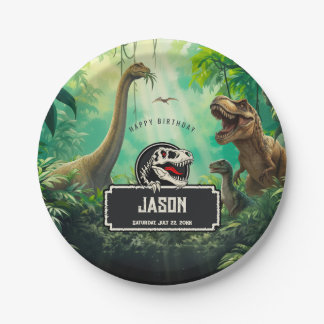 Cool Dinosaurs World Jurassic Greenery Birthday Paper Plate