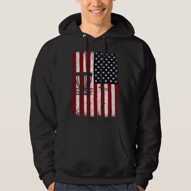 Cool Disc Golf Player Distressed USA American Flag Hoodie (Front)