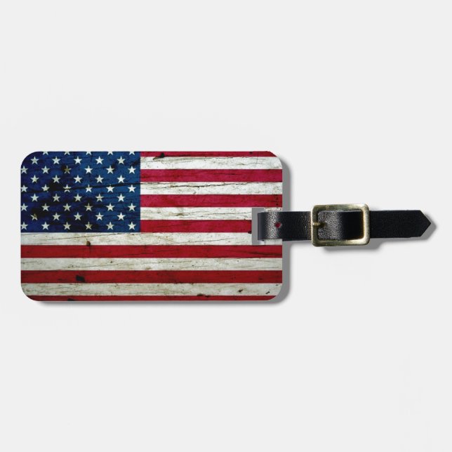 Cool Distressed American Flag Wood Rustic Luggage Tag (Front Horizontal)