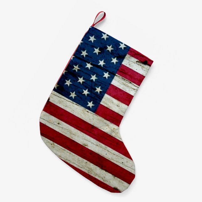 Cool Distressed American Flag Wood Rustic Small Christmas Stocking (Front (Hanging))