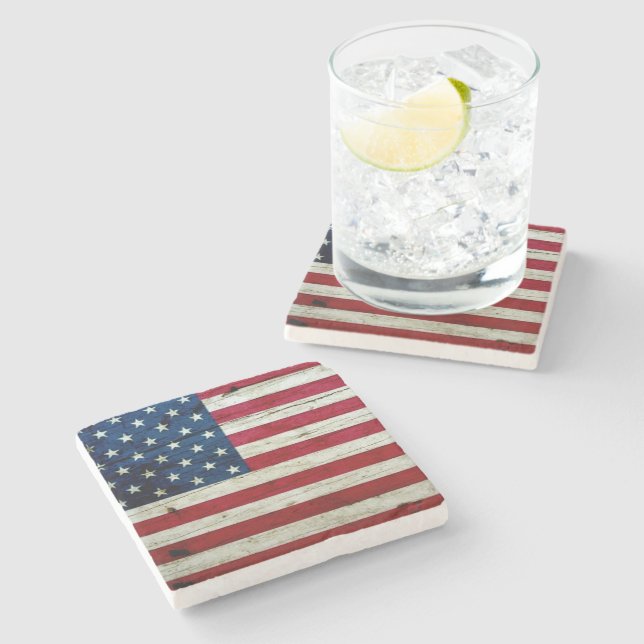 Cool Distressed American Flag Wood Rustic Stone Coaster (Side)