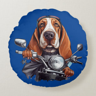 Cool dog biker, cute basset hound dog driver round cushion