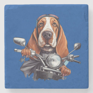 Cool dog biker, cute basset hound dog driver stone coaster